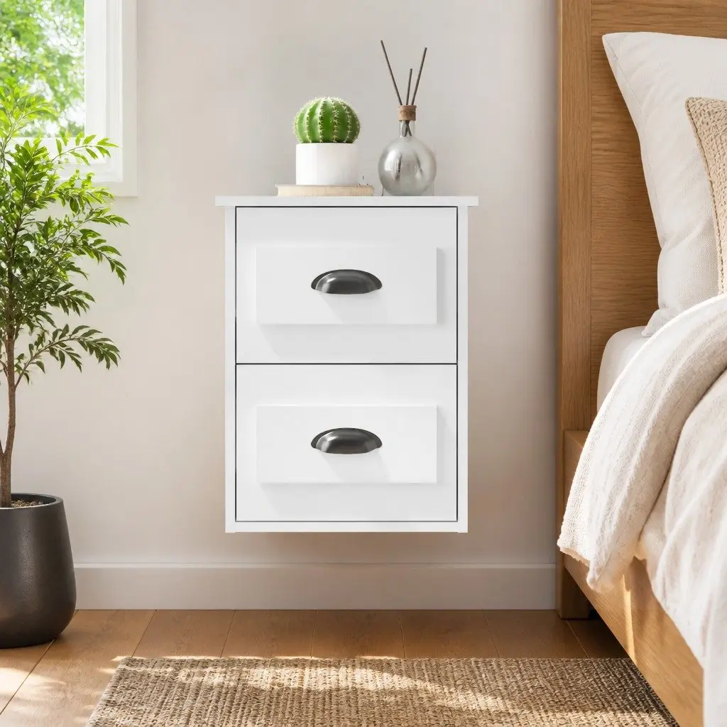 Wall-mounted Bedside Cabinet White Floating Bedside Table 2 Drawer Engineered Wood
