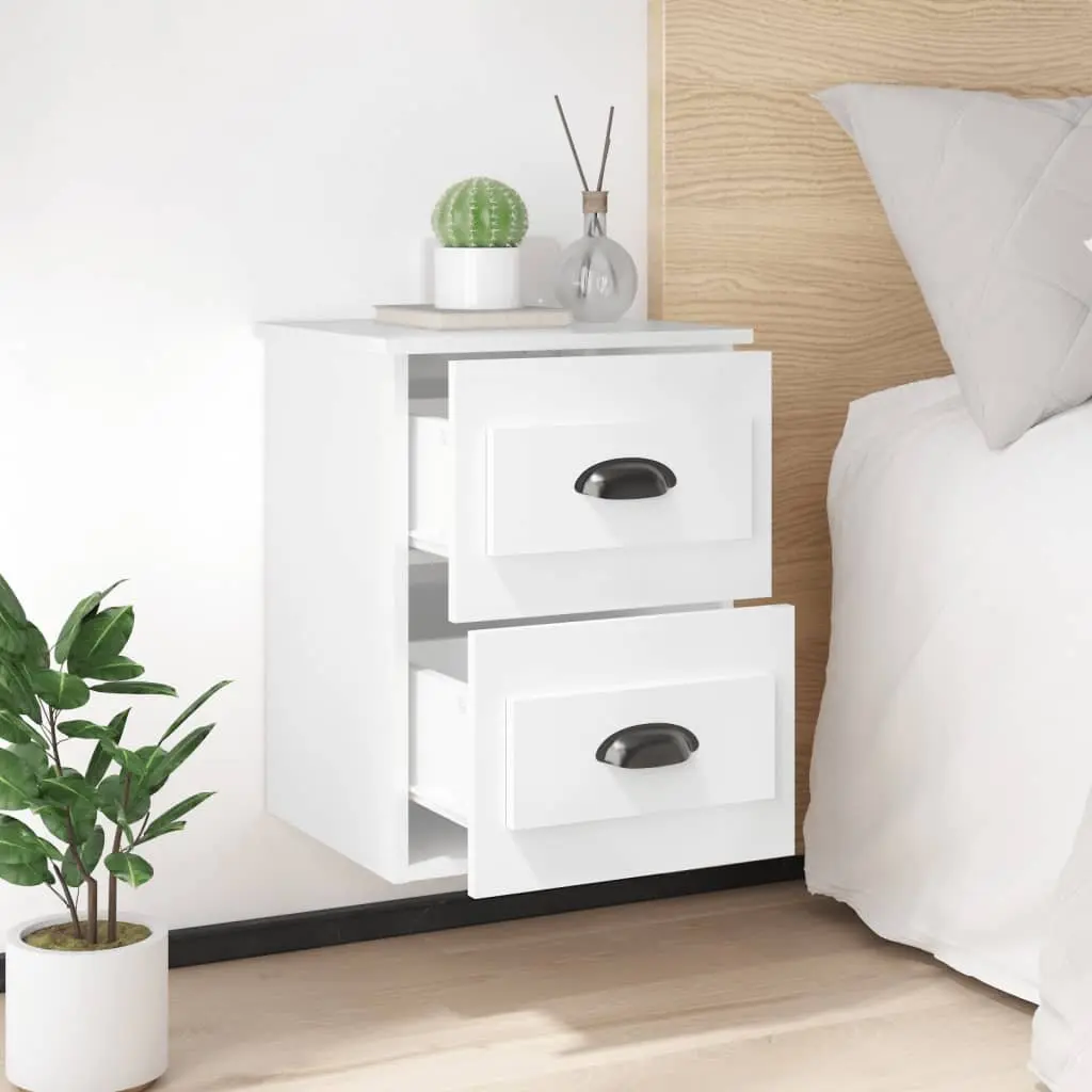 Wall-mounted Bedside Cabinet White Floating Bedside Table 2 Drawer Engineered Wood