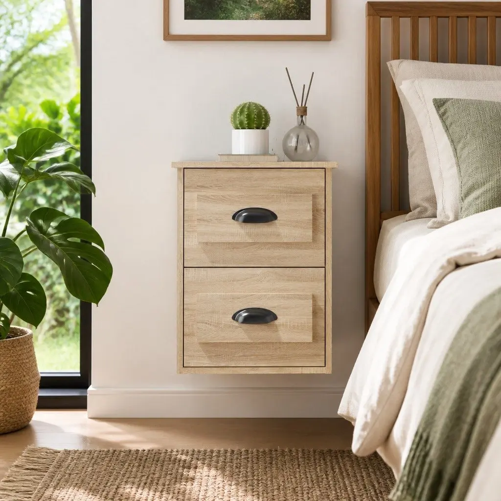 Wall-mounted Bedside Cabinet Sonoma Oak 2 Drawers Engineered Wood Floating Storage Unit