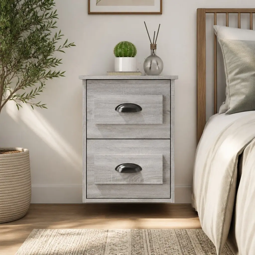 Wall-Mounted Bedside Cabinet Grey Sonoma 2 Drawers Engineered Wood Floating Storage Unit