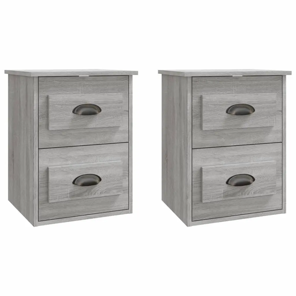 Wall-Mounted Bedside Cabinet Grey Sonoma 2 Drawers Engineered Wood Floating Storage Unit