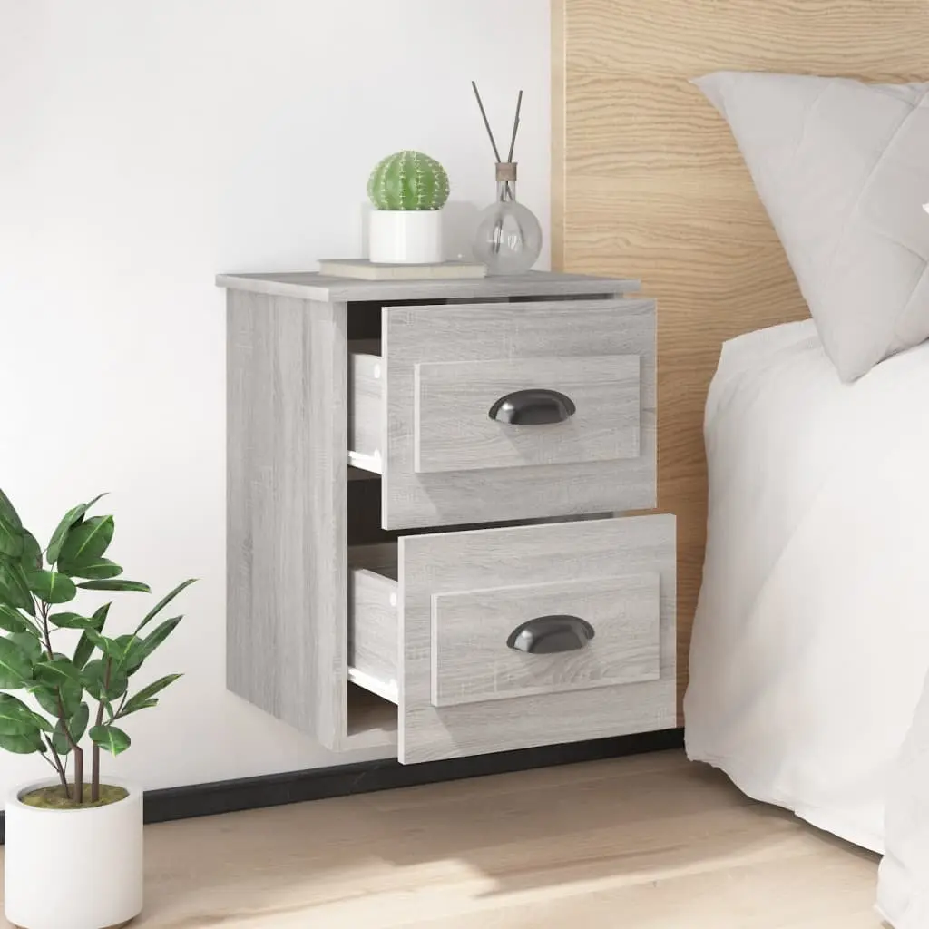 Wall-Mounted Bedside Cabinet Grey Sonoma 2 Drawers Engineered Wood Floating Storage Unit