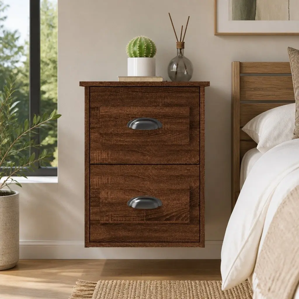 Wall-mounted Bedside Cabinet Brown Oak 41.5x36x53cm Engineered Wood 2 Drawer Floating Storage