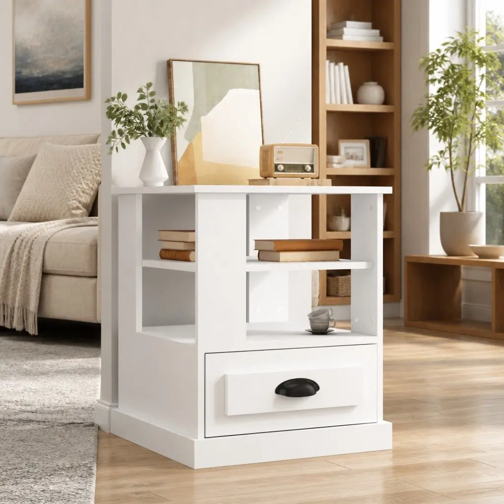 Side Table White 50x50x60 cm Engineered Wood Storage Accent Furniture Living Room