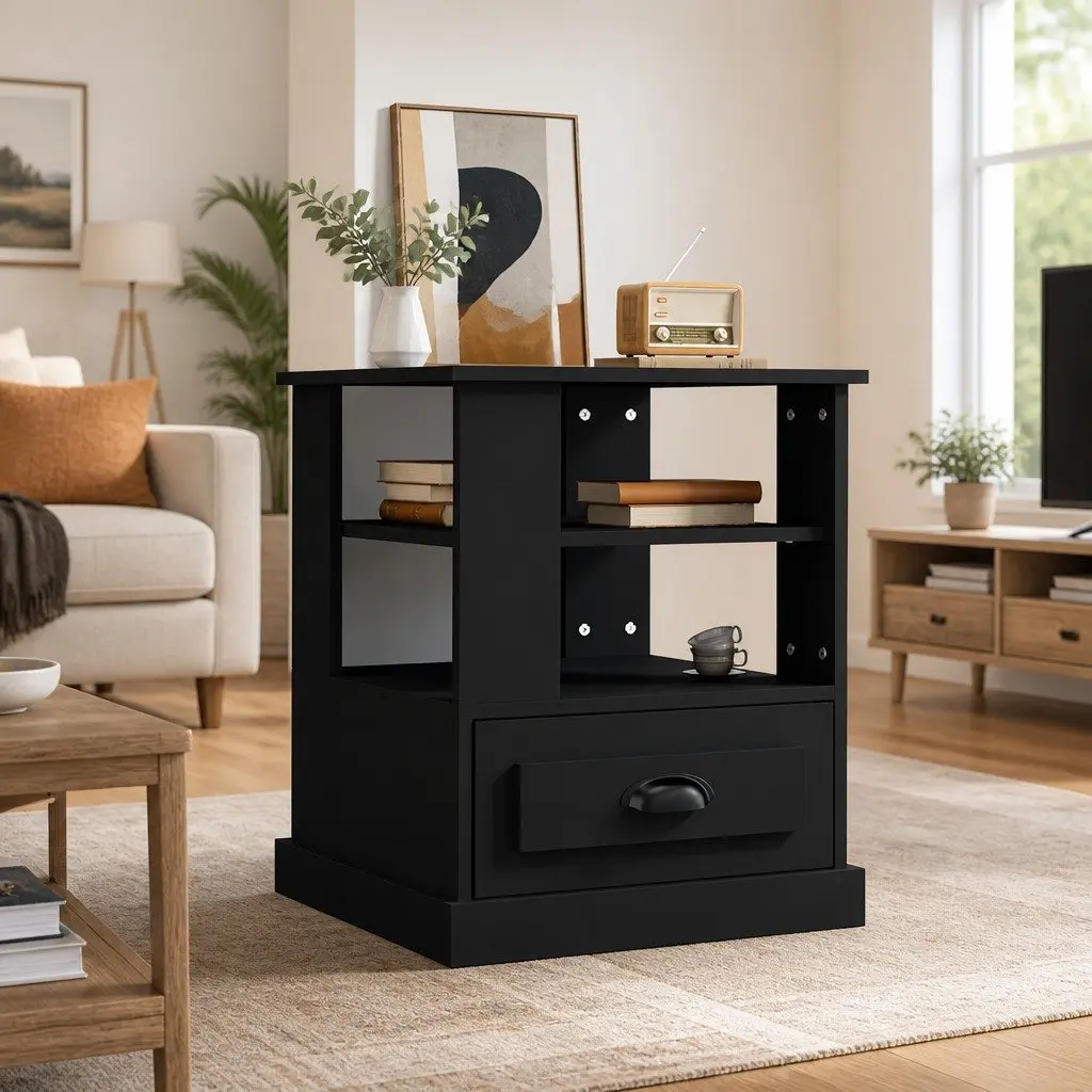Side Table Black Engineered Wood 50W x 50D x 60H cm Storage Accent Furniture