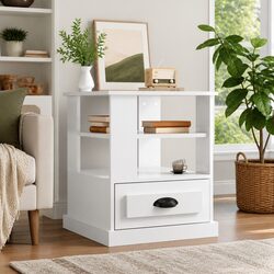 High Gloss White Accent Side Table with Storage