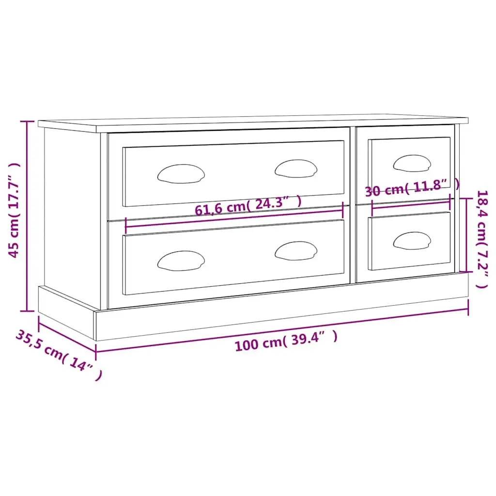 TV Cabinet Grey Engineered Wood 100cm Storage Unit 4 Drawers Media Stand Display