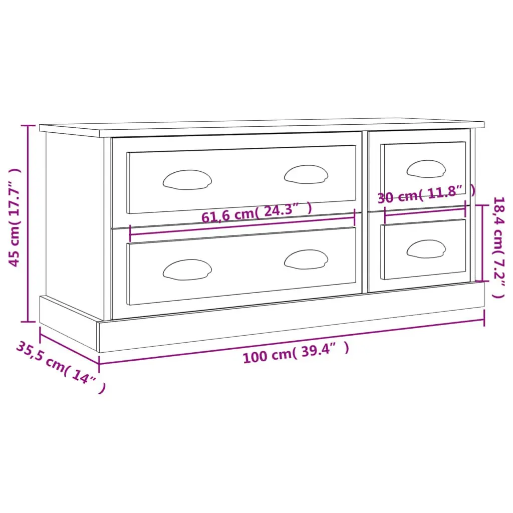 Grey Sonoma TV Cabinet with 4 Drawers 100x35.5x45cm