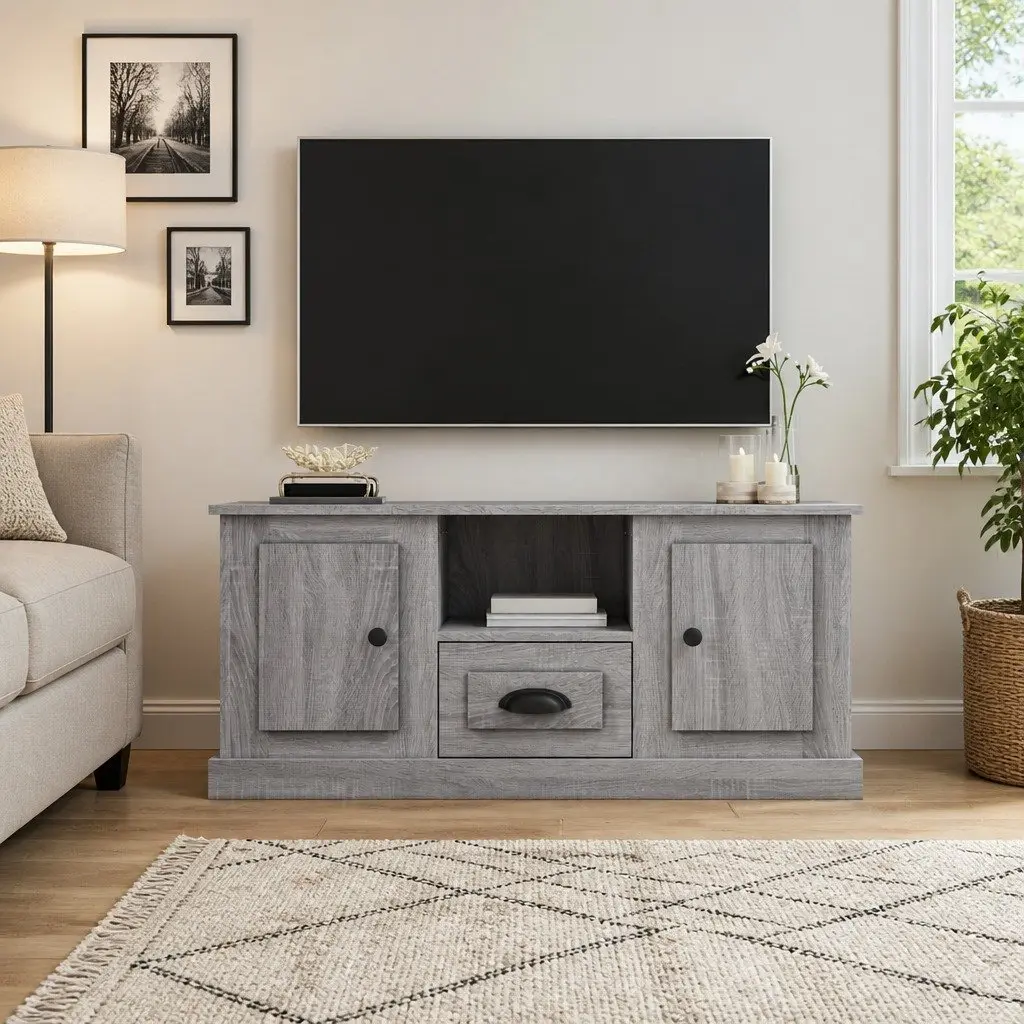 TV Cabinet Grey Engineered Wood Storage Unit 100 x 35.5 x 45 cm Living Room Display Stand
