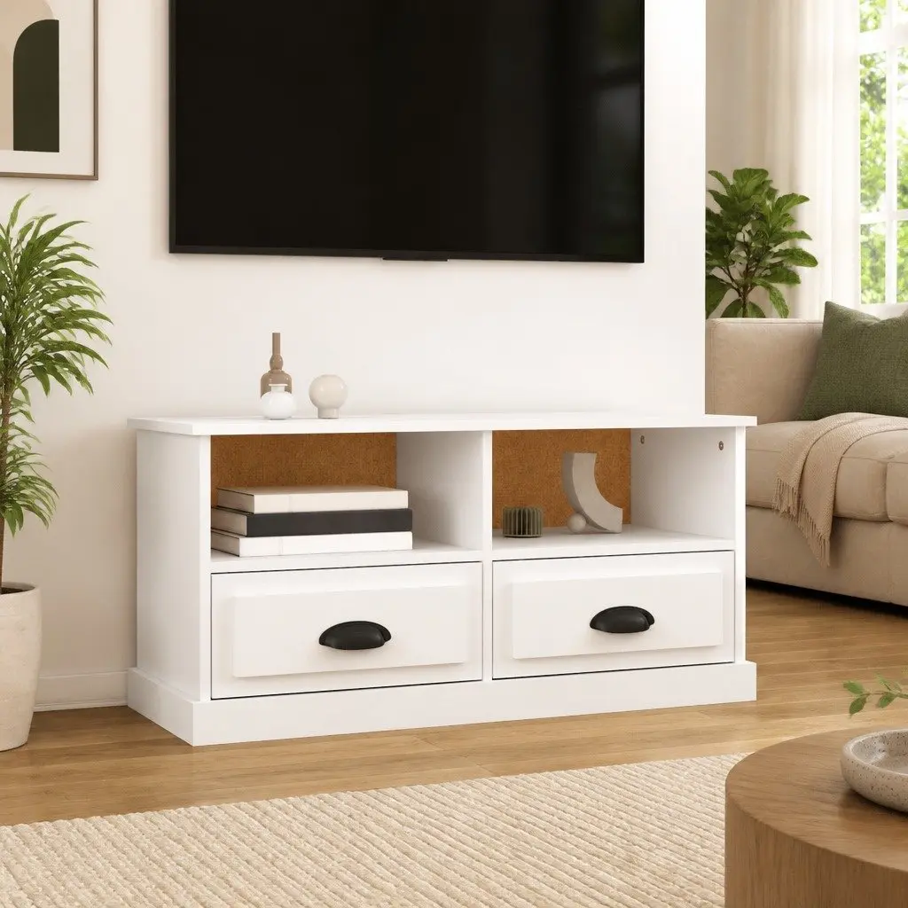 TV Cabinet White Engineered Wood 93 x 35.5 x 45 cm with Drawers and Open Compartments