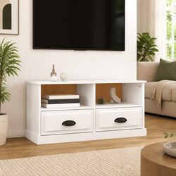 White TV Cabinet with Drawers and Open Storage