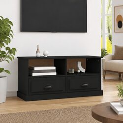 Black TV Cabinet with Drawers and Open Compartments