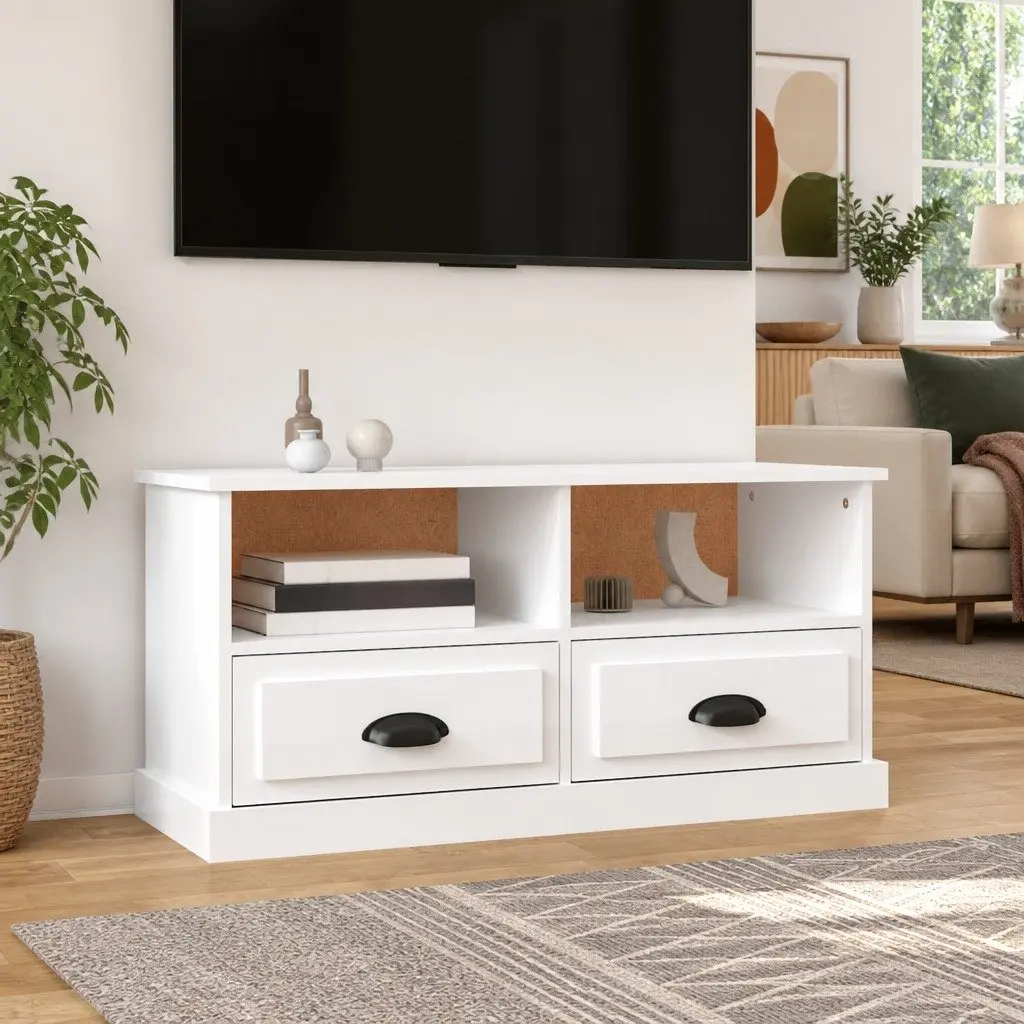 TV Cabinet White High Gloss Engineered Wood Storage Unit with Drawers and Compartments