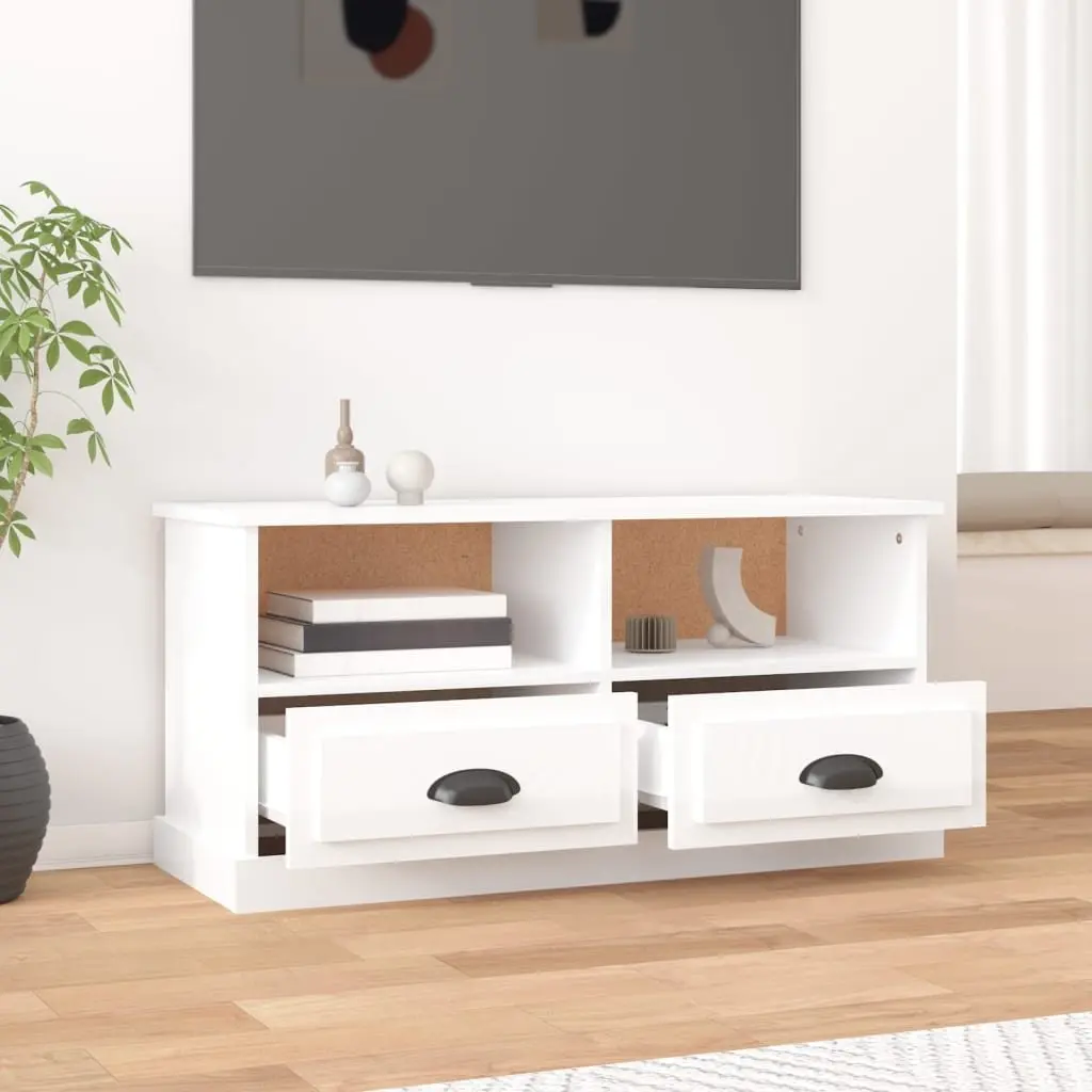 TV Cabinet White High Gloss Engineered Wood Storage Unit with Drawers and Compartments