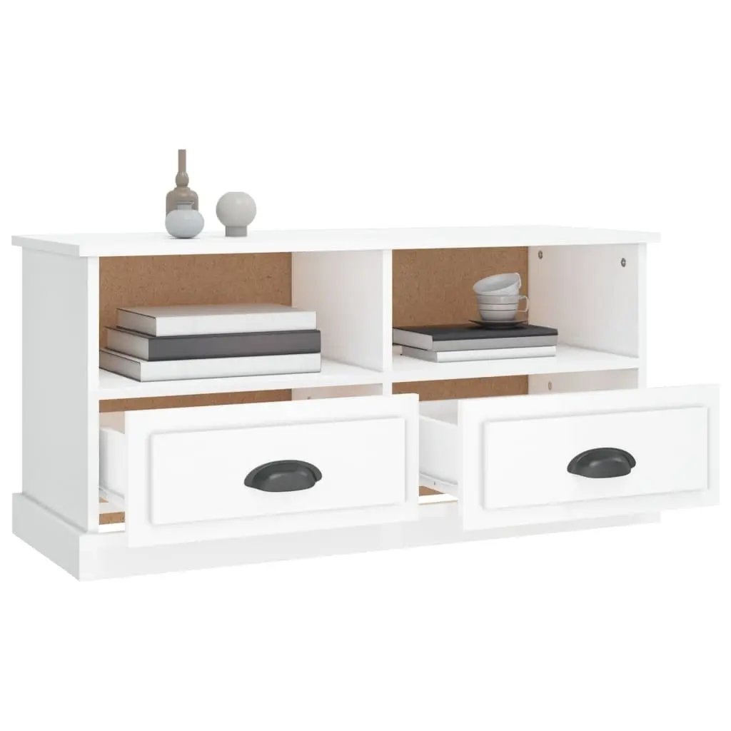 TV Cabinet White High Gloss Engineered Wood Storage Unit with Drawers and Compartments