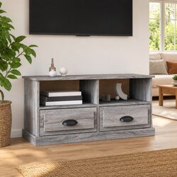 Grey Sonoma Wood TV Cabinet with Drawers and Open Compartments