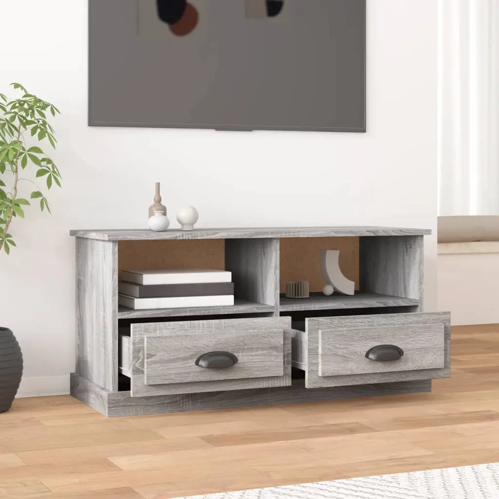 TV Stand Grey Engineered Wood Storage Unit with Open Compartments and Two Drawers 93x35.5x45cm
