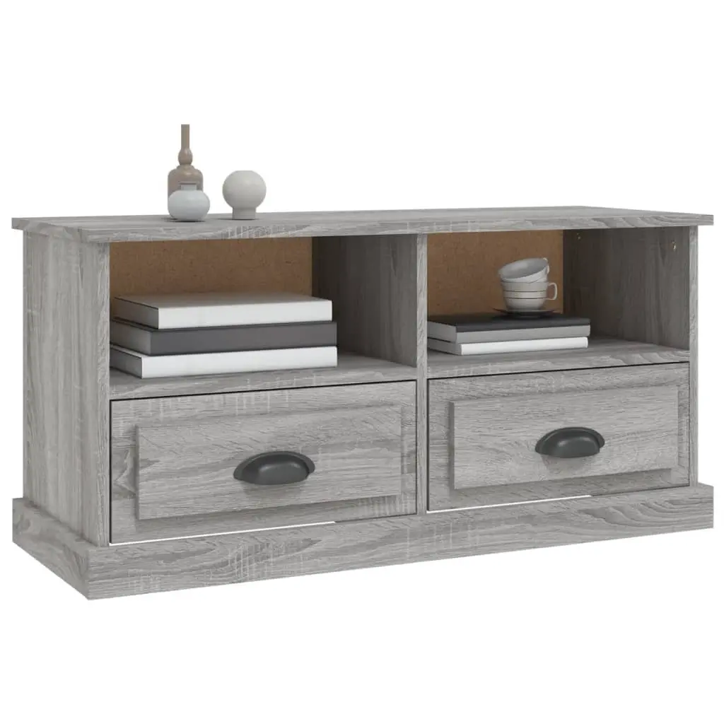 TV Stand Grey Engineered Wood Storage Unit with Open Compartments and Two Drawers 93x35.5x45cm