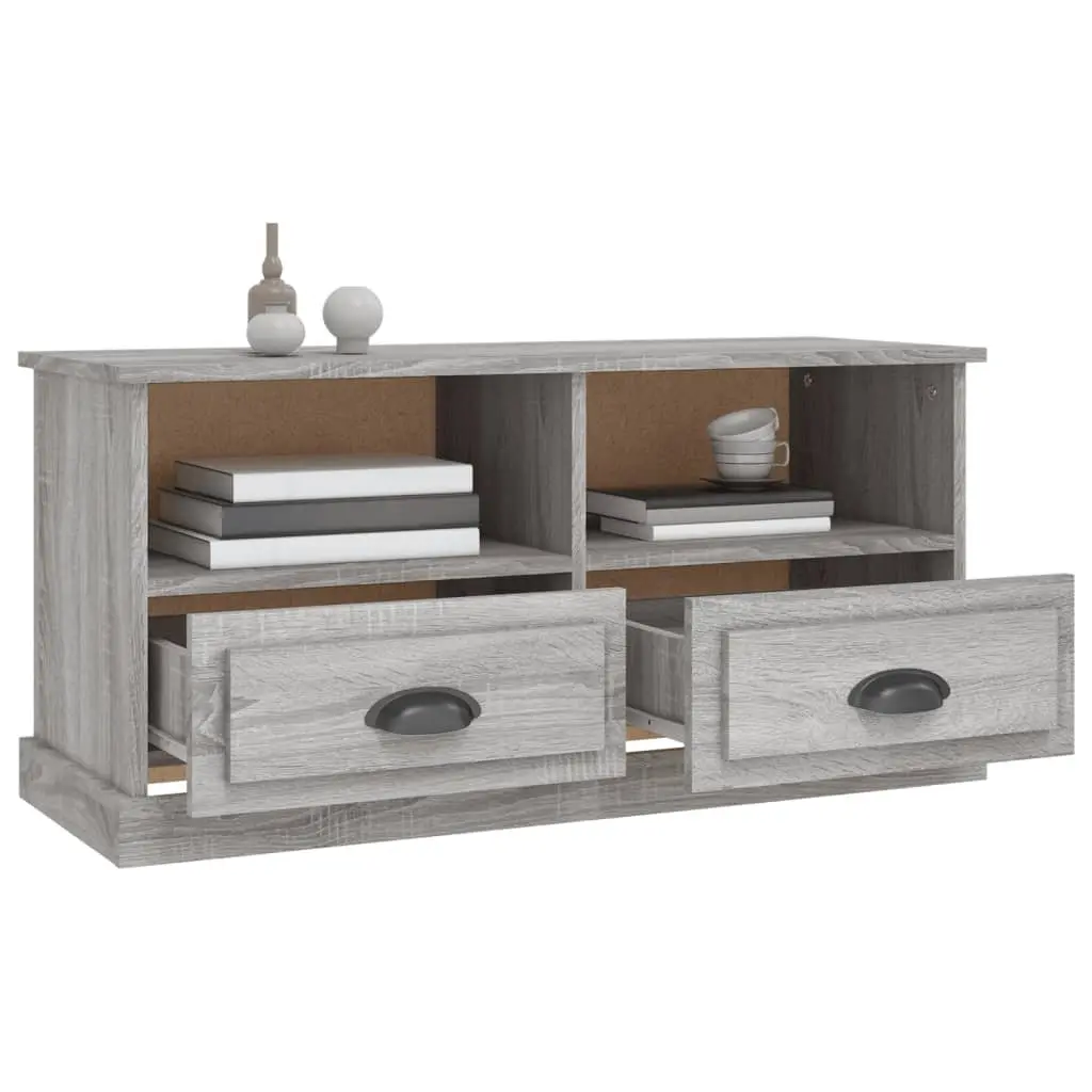 TV Stand Grey Engineered Wood Storage Unit with Open Compartments and Two Drawers 93x35.5x45cm