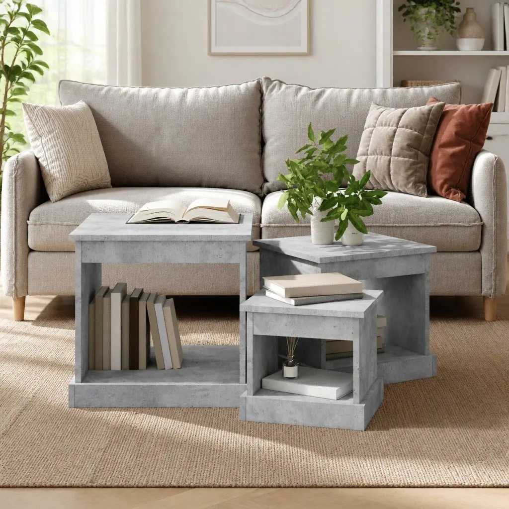 Coffee Table Set Grey Engineered Wood 3 Piece Living Room Accent Nesting Tables