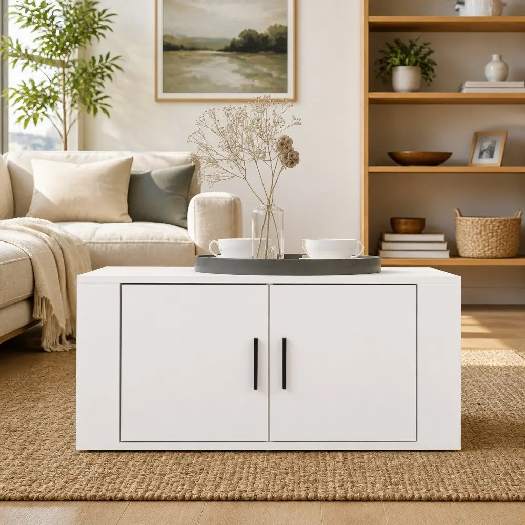 White Coffee Table with Storage 80x50x36cm for Living Room