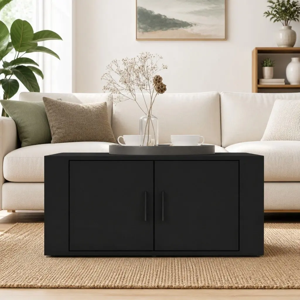 Black Coffee Table Engineered Wood Storage Compartments 80W x 50D x 36H cm Living Room Furniture
