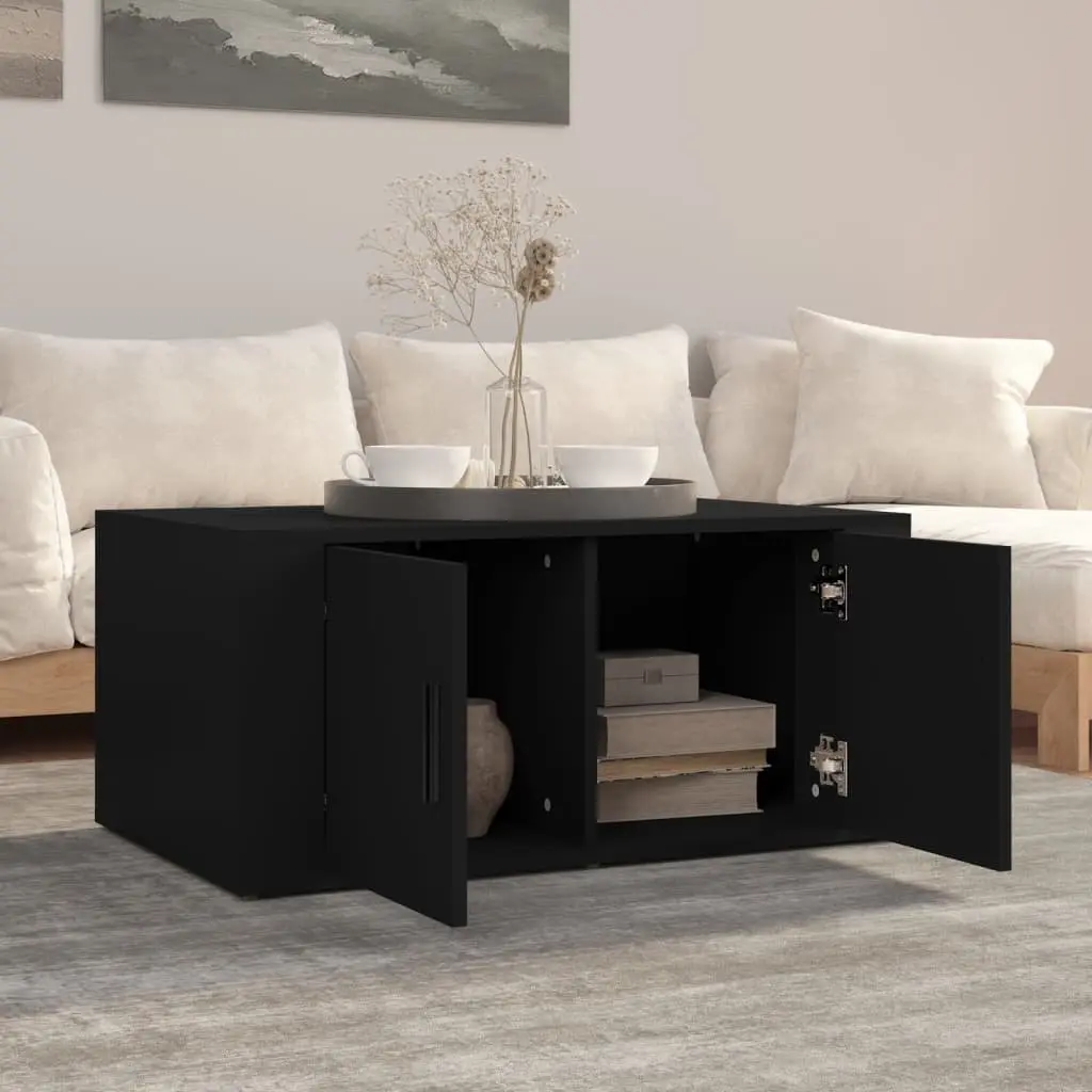 Black Coffee Table Engineered Wood Storage Compartments 80W x 50D x 36H cm Living Room Furniture
