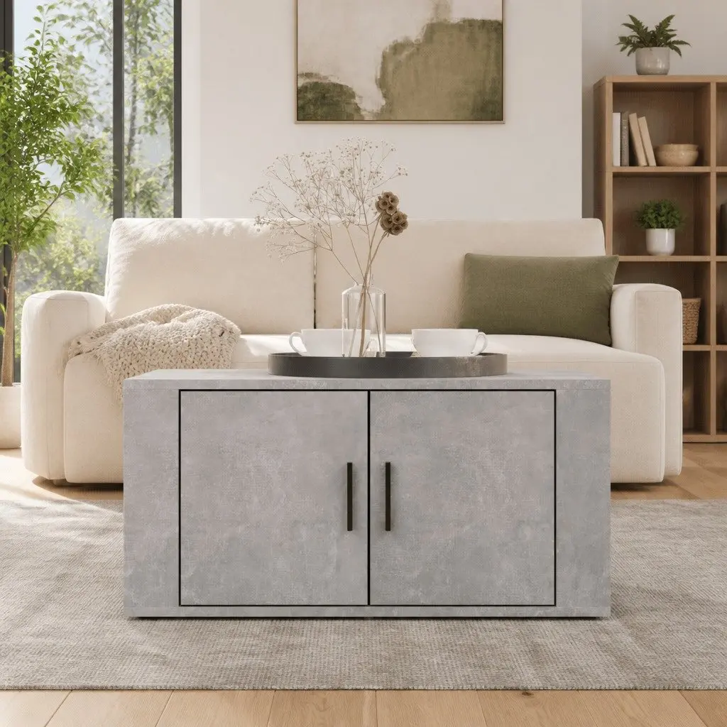Coffee Table Grey Engineered Wood 80W x 50D x 36H cm Storage Compartments