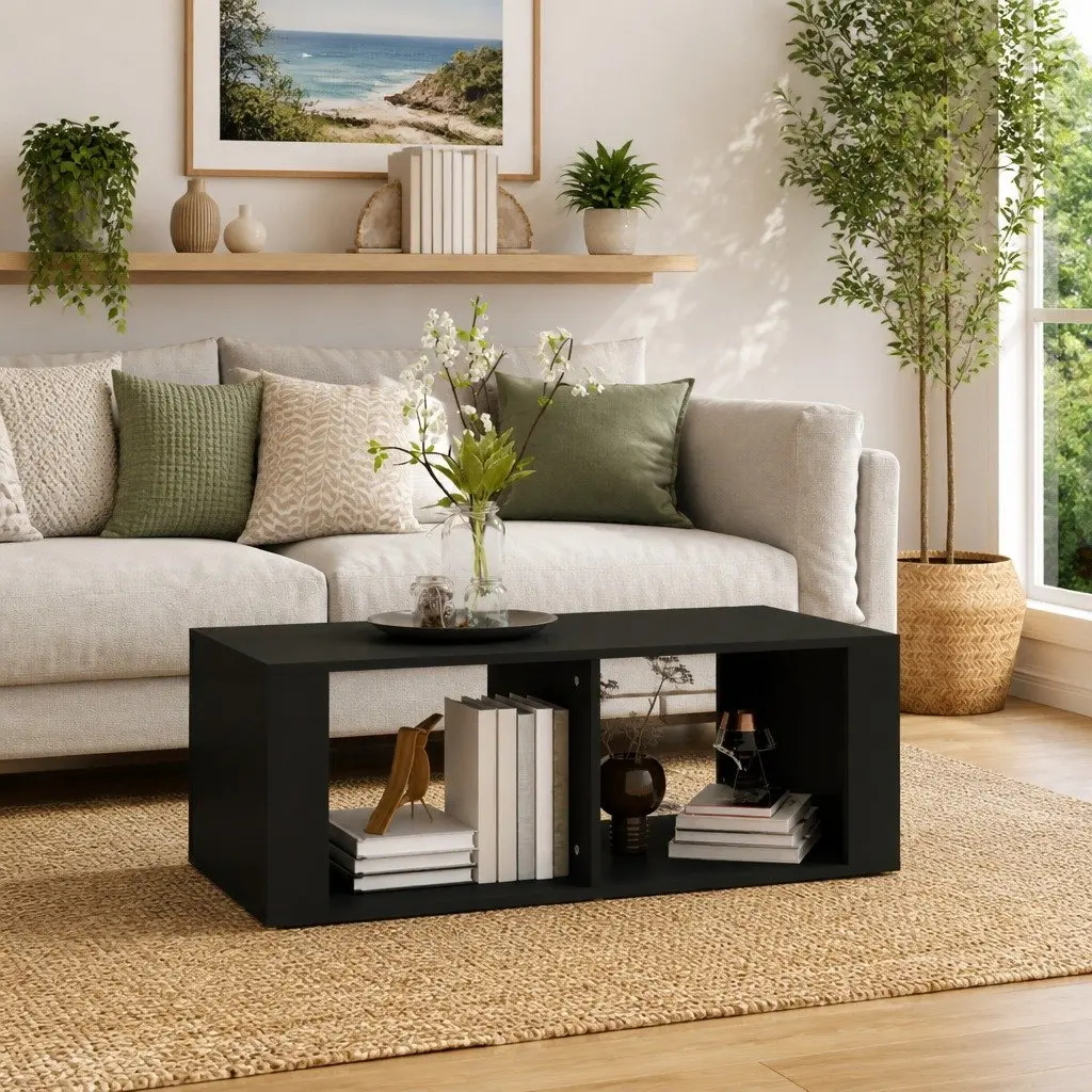 Coffee Table Black Modern 100 x 50 x 36 cm Engineered Wood with 2 Shelves