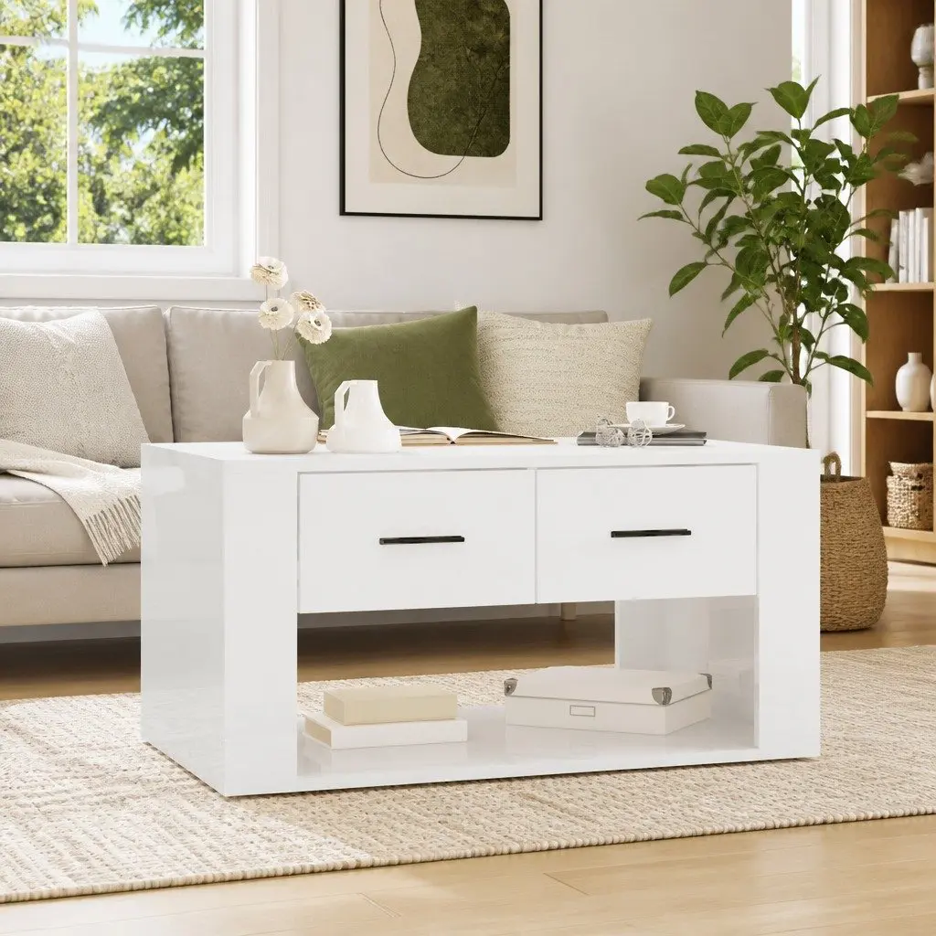 Coffee Table High Gloss White with 2 Drawers Storage Living Room Accent