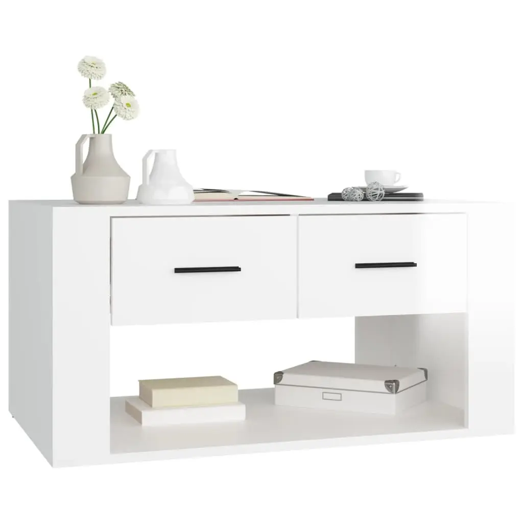 Coffee Table High Gloss White with 2 Drawers Storage Living Room Accent