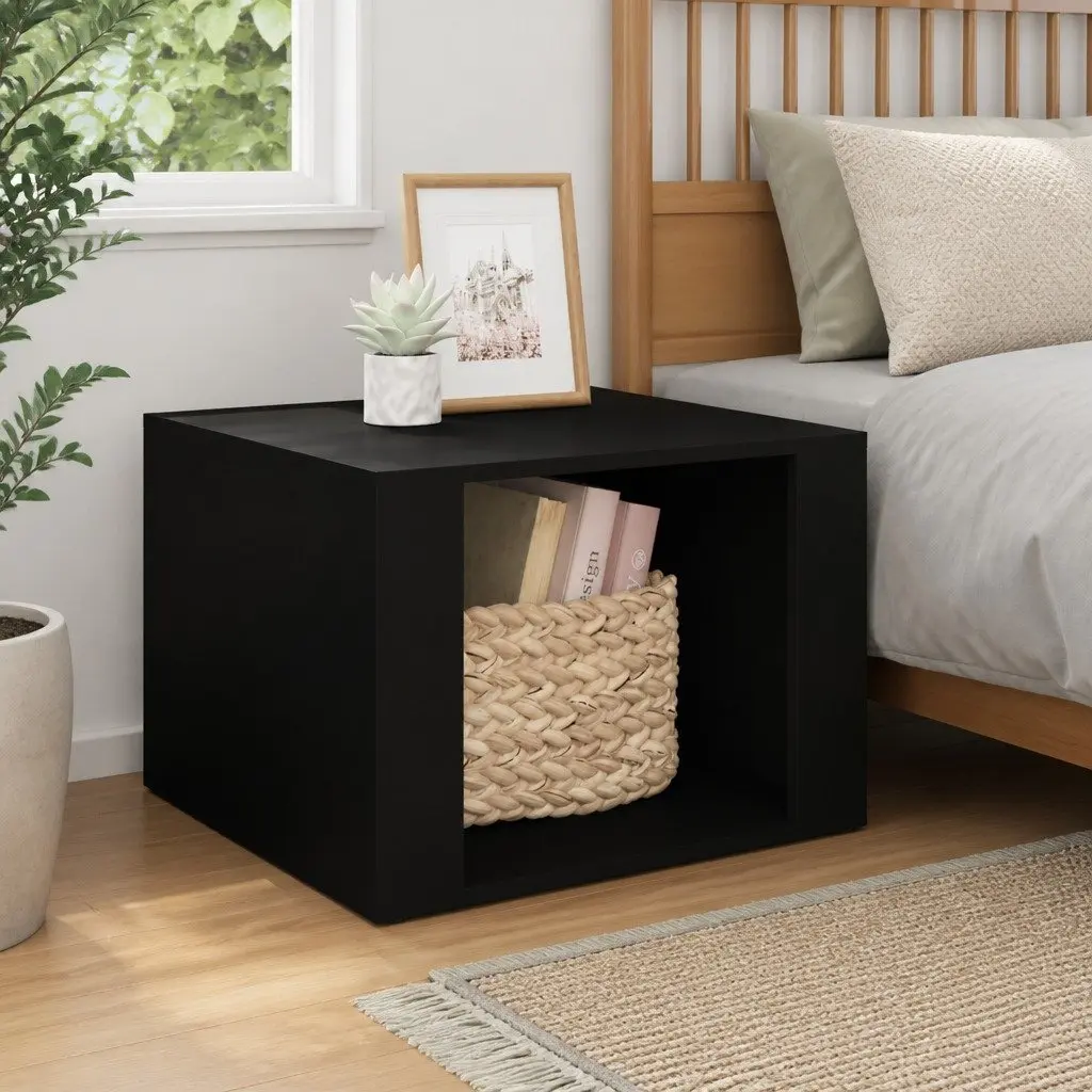 Bedside Table Black Engineered Wood Nightstand 57x55x36cm