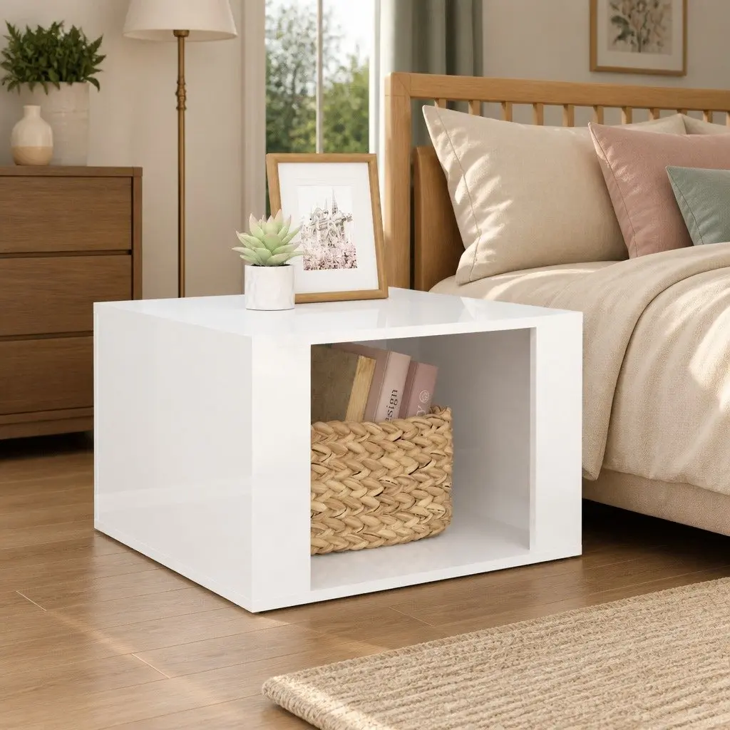 Bedside Table White High Gloss Storage Engineered Wood