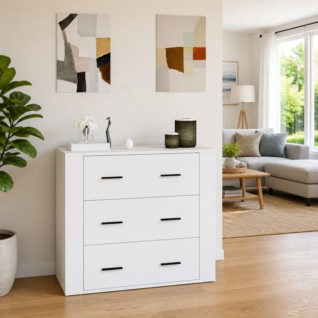 White Sideboard Cabinet Engineered Wood 80x33x70cm Storage Buffet 3 Drawers