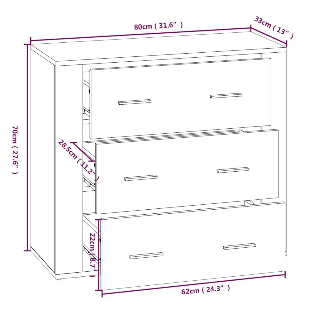 White Sideboard Cabinet Engineered Wood 80x33x70cm Storage Buffet 3 Drawers