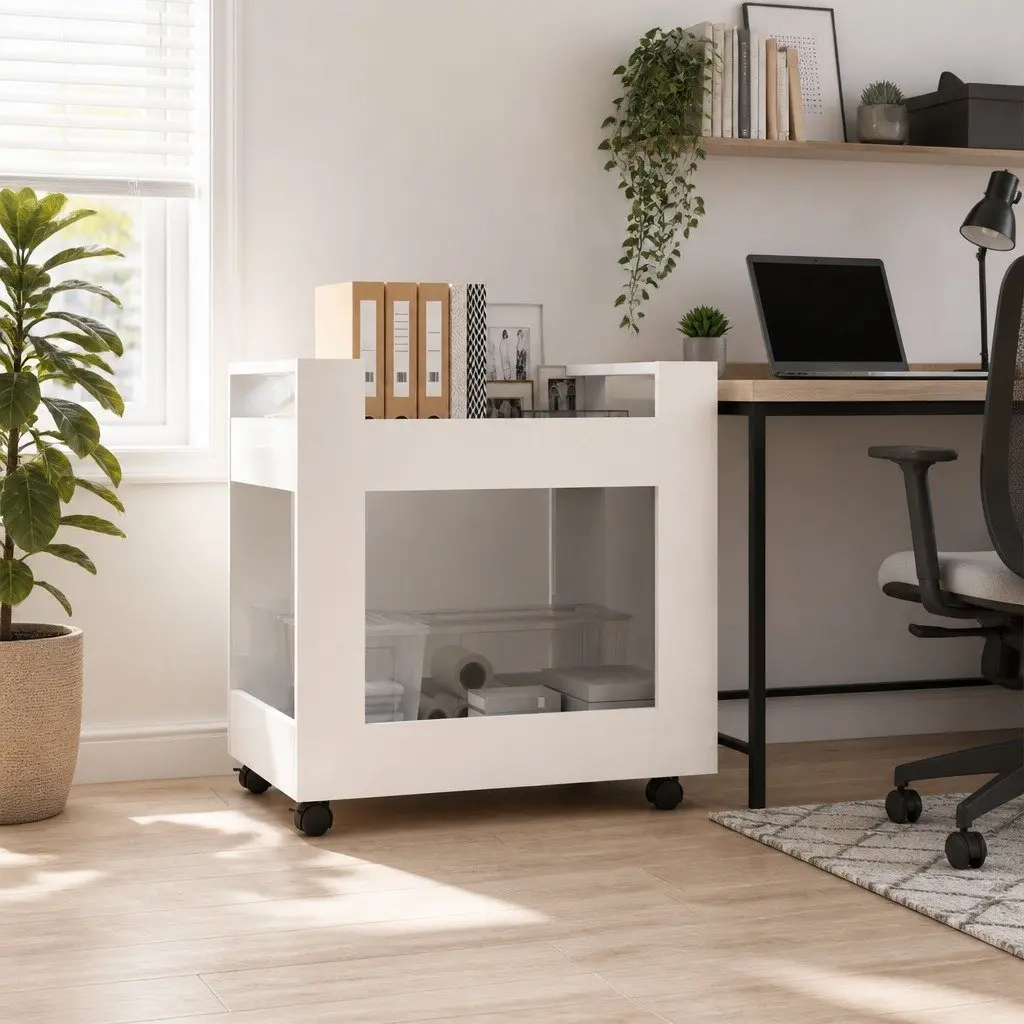 Desk Trolley Storage Cart High Gloss White 60x45x60cm Engineered Wood with 2 Open Shelves and Rolling Castors