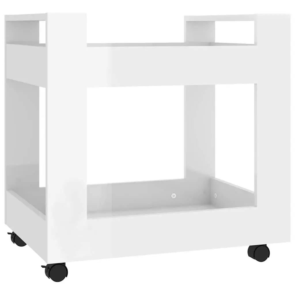 Desk Trolley Storage Cart High Gloss White 60x45x60cm Engineered Wood with 2 Open Shelves and Rolling Castors
