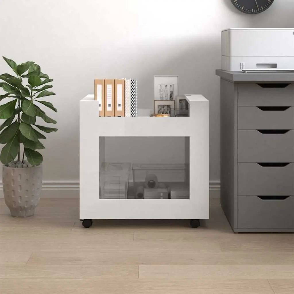 Desk Trolley Storage Cart High Gloss White 60x45x60cm Engineered Wood with 2 Open Shelves and Rolling Castors