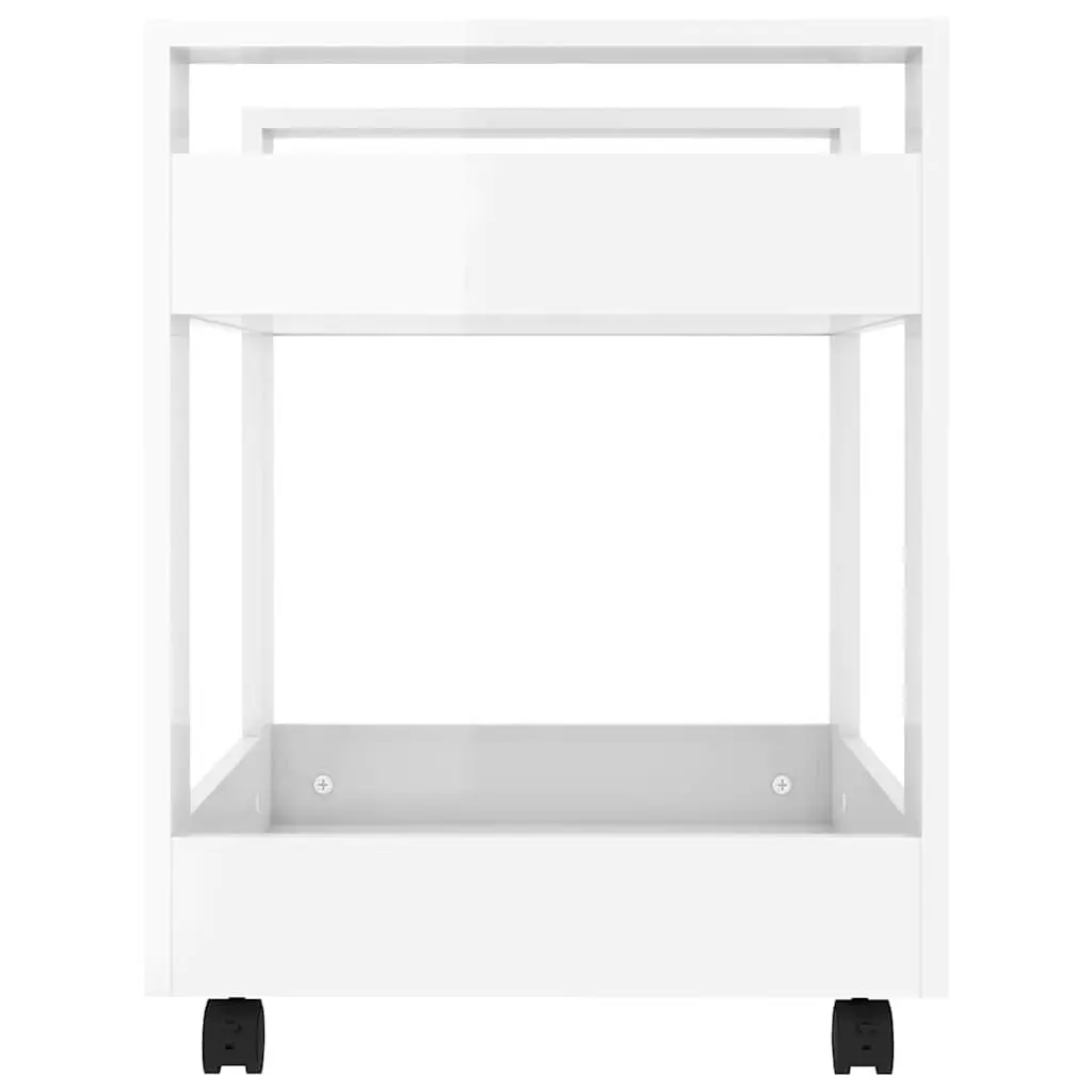Desk Trolley Storage Cart High Gloss White 60x45x60cm Engineered Wood with 2 Open Shelves and Rolling Castors