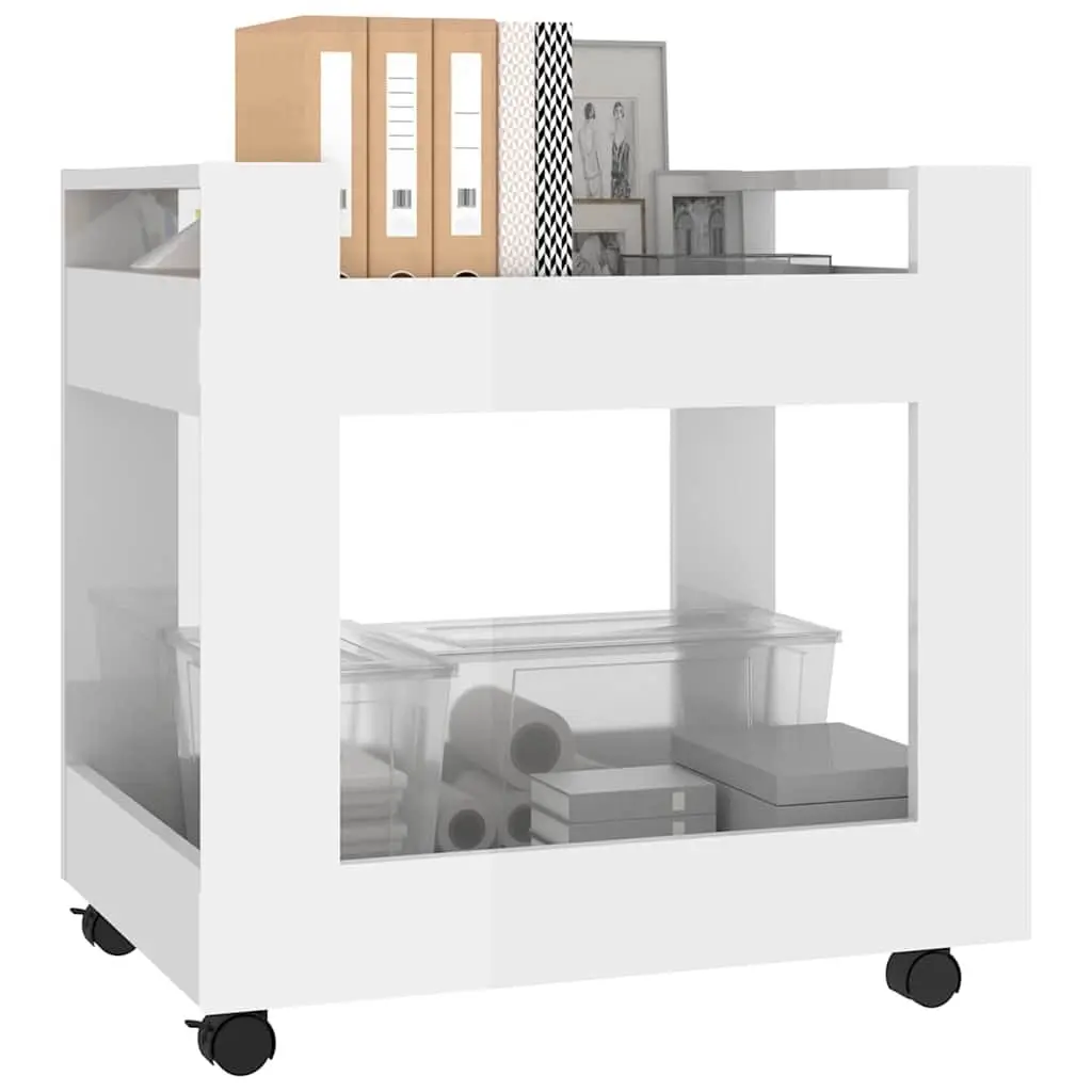 Desk Trolley Storage Cart High Gloss White 60x45x60cm Engineered Wood with 2 Open Shelves and Rolling Castors