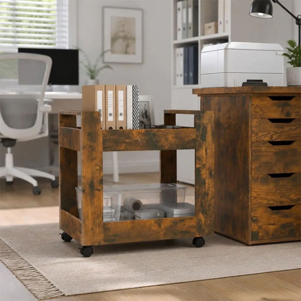 Desk Trolley Smoked Oak 60x45x60 cm Engineered Wood Open Shelves Storage Mobile Casters Brown