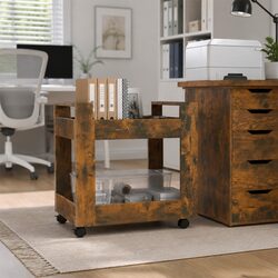 Smoked Oak Desk Trolley with Open Shelves and Casters