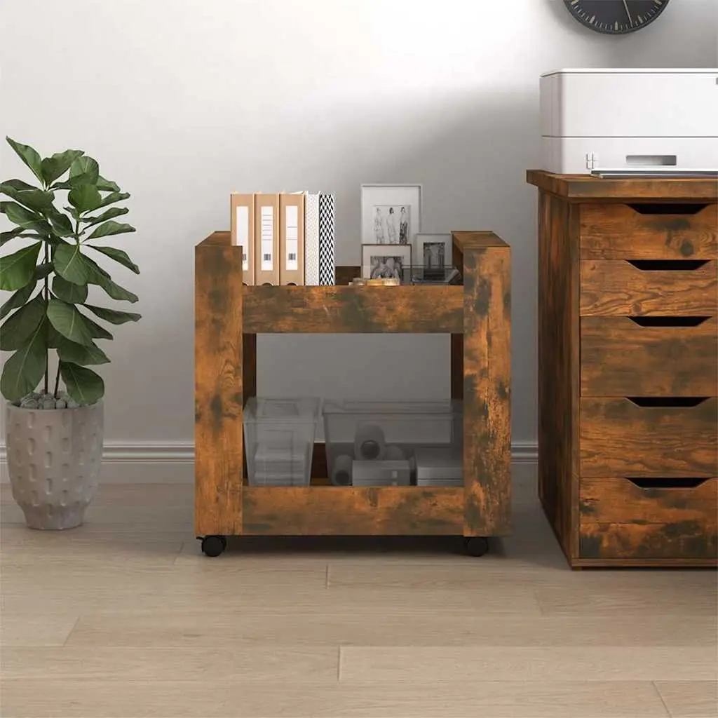 Desk Trolley Smoked Oak 60x45x60 cm Engineered Wood Open Shelves Storage Mobile Casters Brown