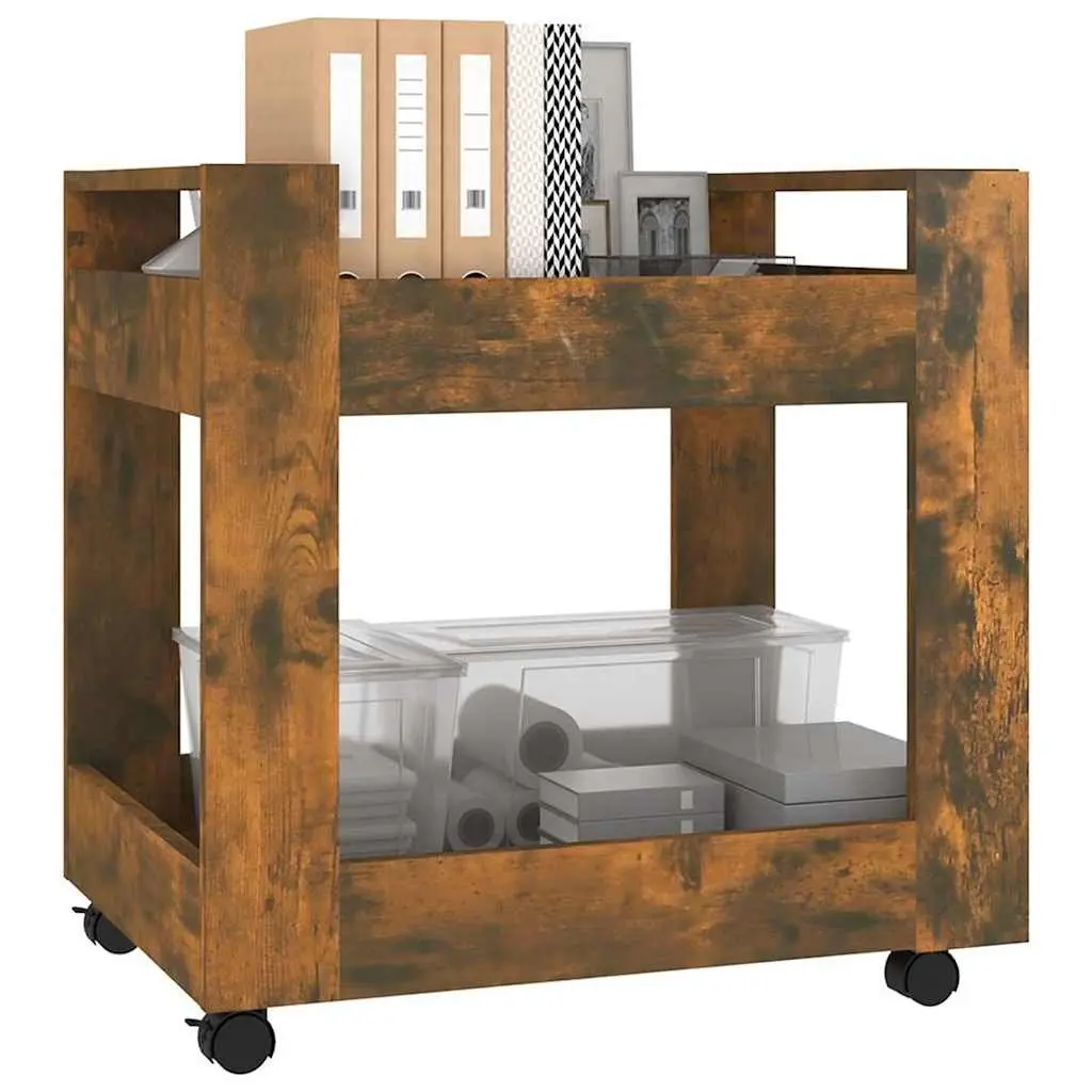 Desk Trolley Smoked Oak 60x45x60 cm Engineered Wood Open Shelves Storage Mobile Casters Brown