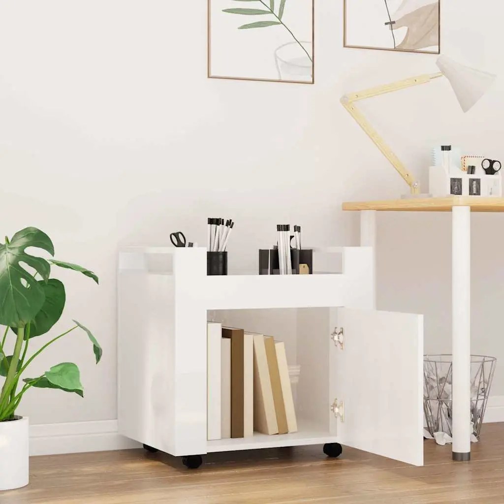 Desk Trolley White Gloss 60x45x60cm Engineered Wood Mobile Storage Cart with Door and Casters