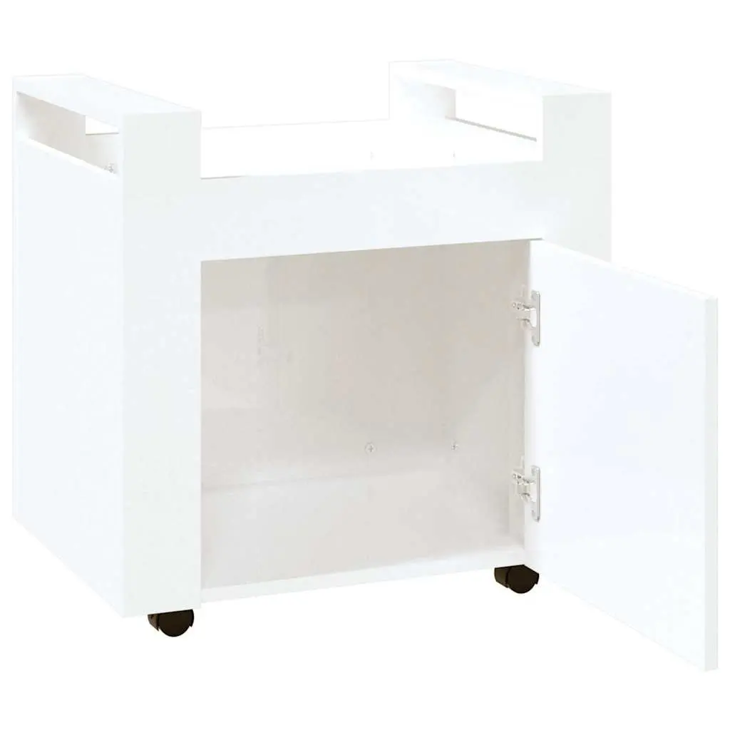 Desk Trolley White Gloss 60x45x60cm Engineered Wood Mobile Storage Cart with Door and Casters