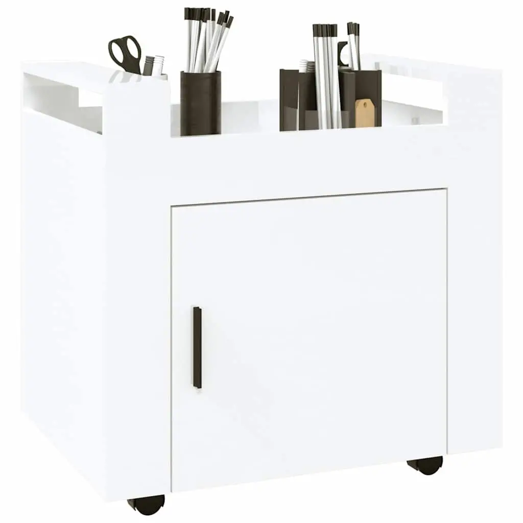 Desk Trolley White Gloss 60x45x60cm Engineered Wood Mobile Storage Cart with Door and Casters