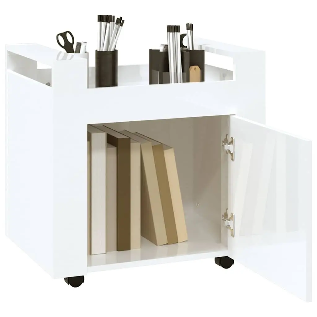 Desk Trolley White Gloss 60x45x60cm Engineered Wood Mobile Storage Cart with Door and Casters