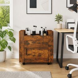Brown Engineered Wood Desk Trolley with Door and Casters