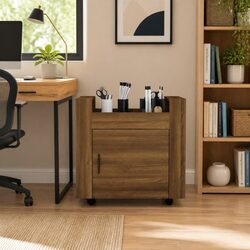 Brown Oak Desk Trolley with Wheels for Office Organization